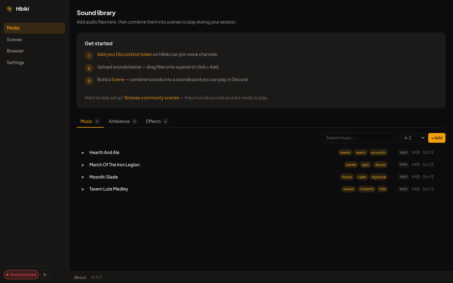 The sound library with tagged music files and a get started checklist
