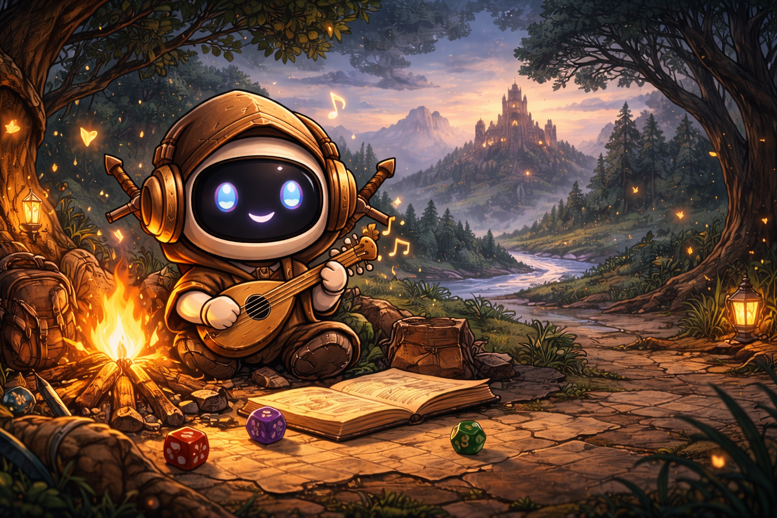 Hibiki bard robot playing music by a campfire