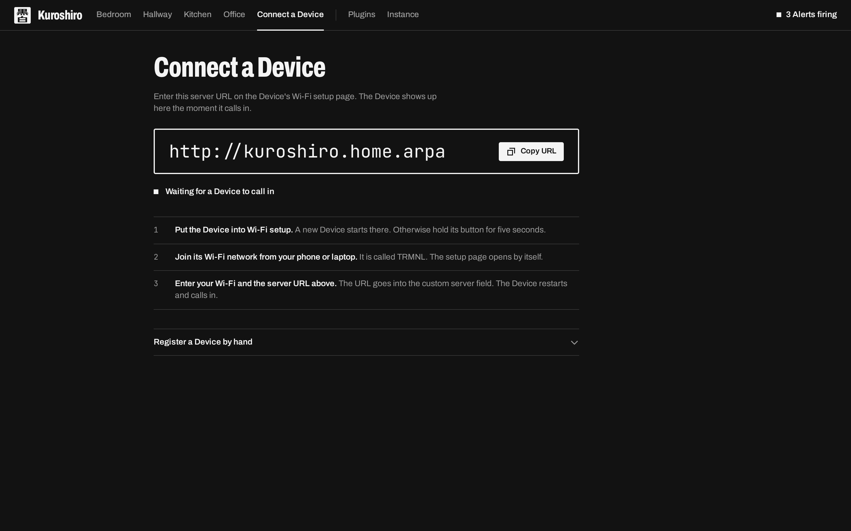 Connecting a Device: the server URL to enter on its Wi-Fi setup page
