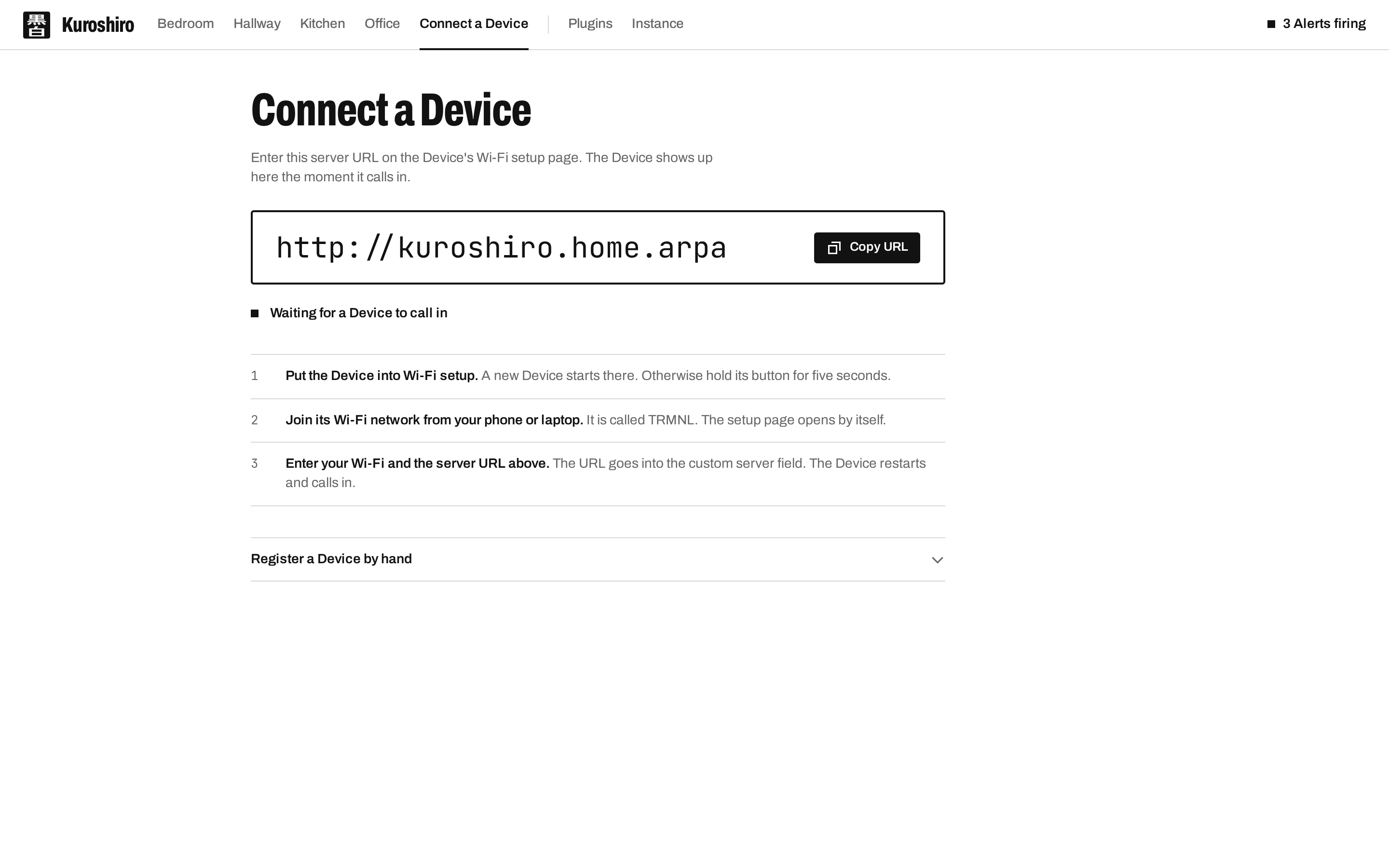 Connecting a Device: the server URL to enter on its Wi-Fi setup page