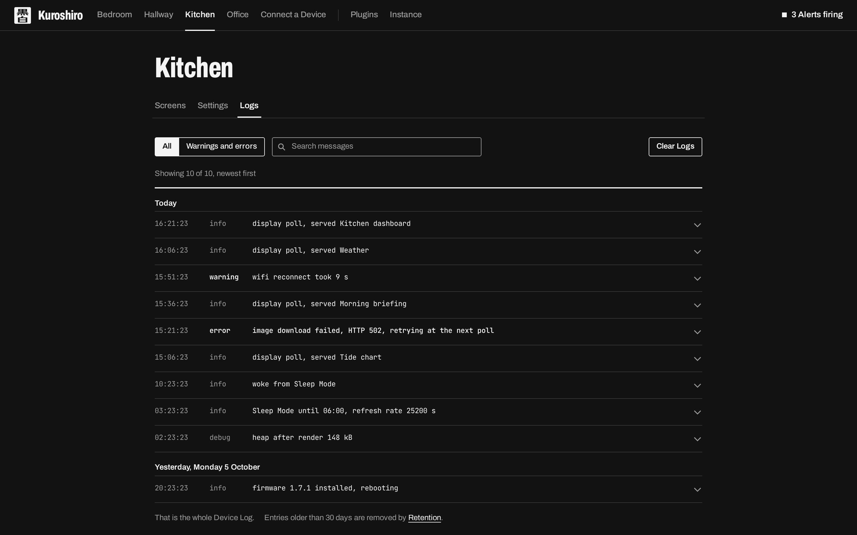 A Device's logs, as reported by its firmware