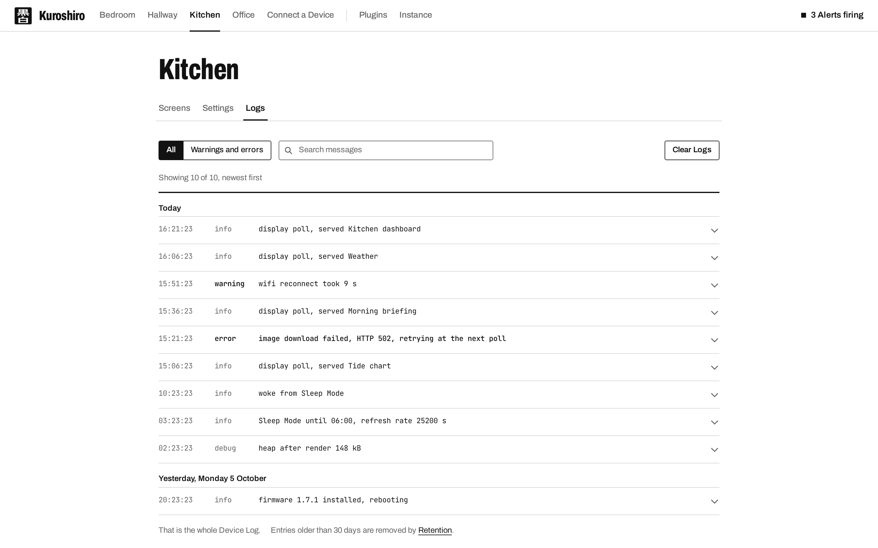 A Device's logs, as reported by its firmware