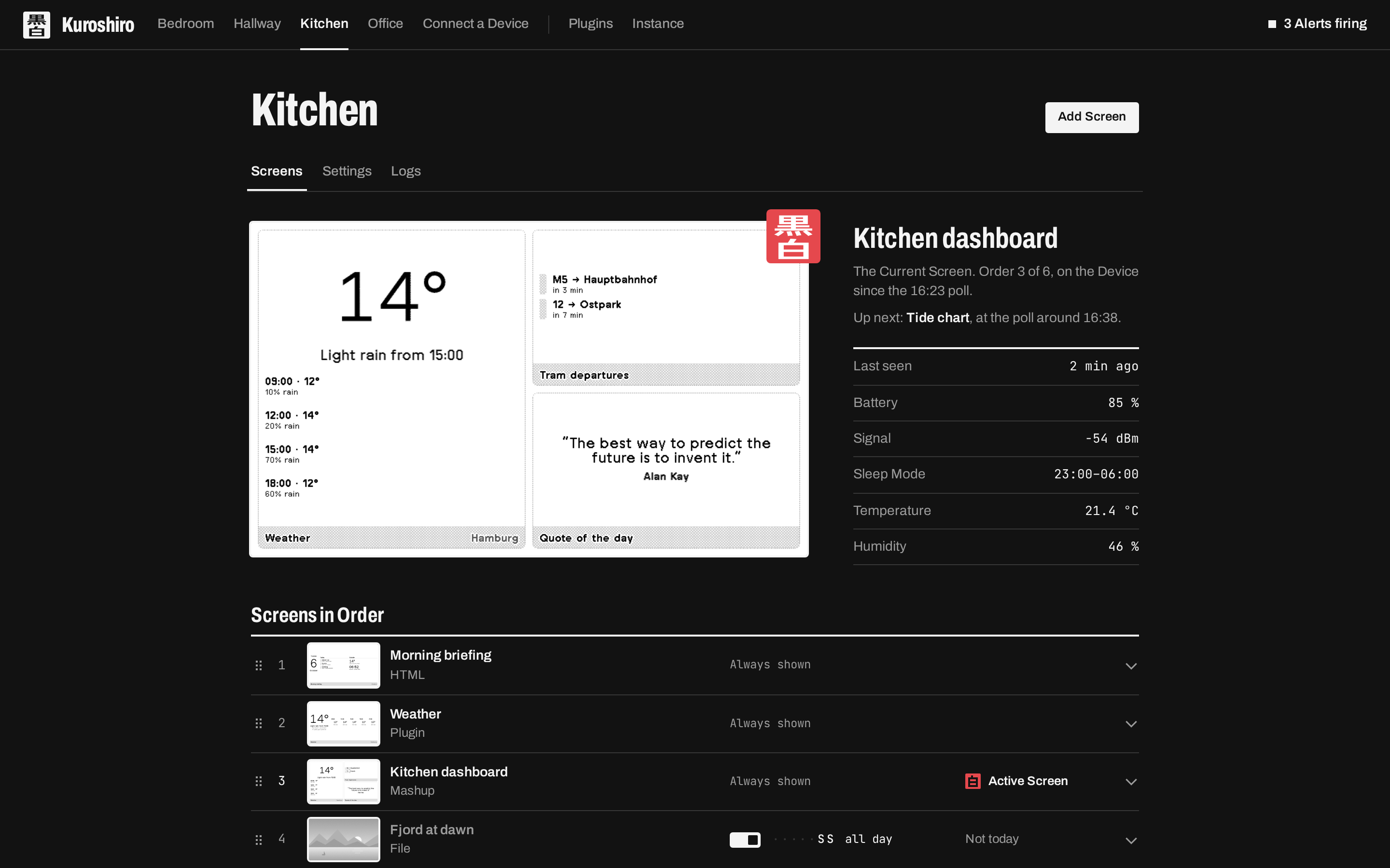 A Device's Screens in the Kuroshiro admin UI