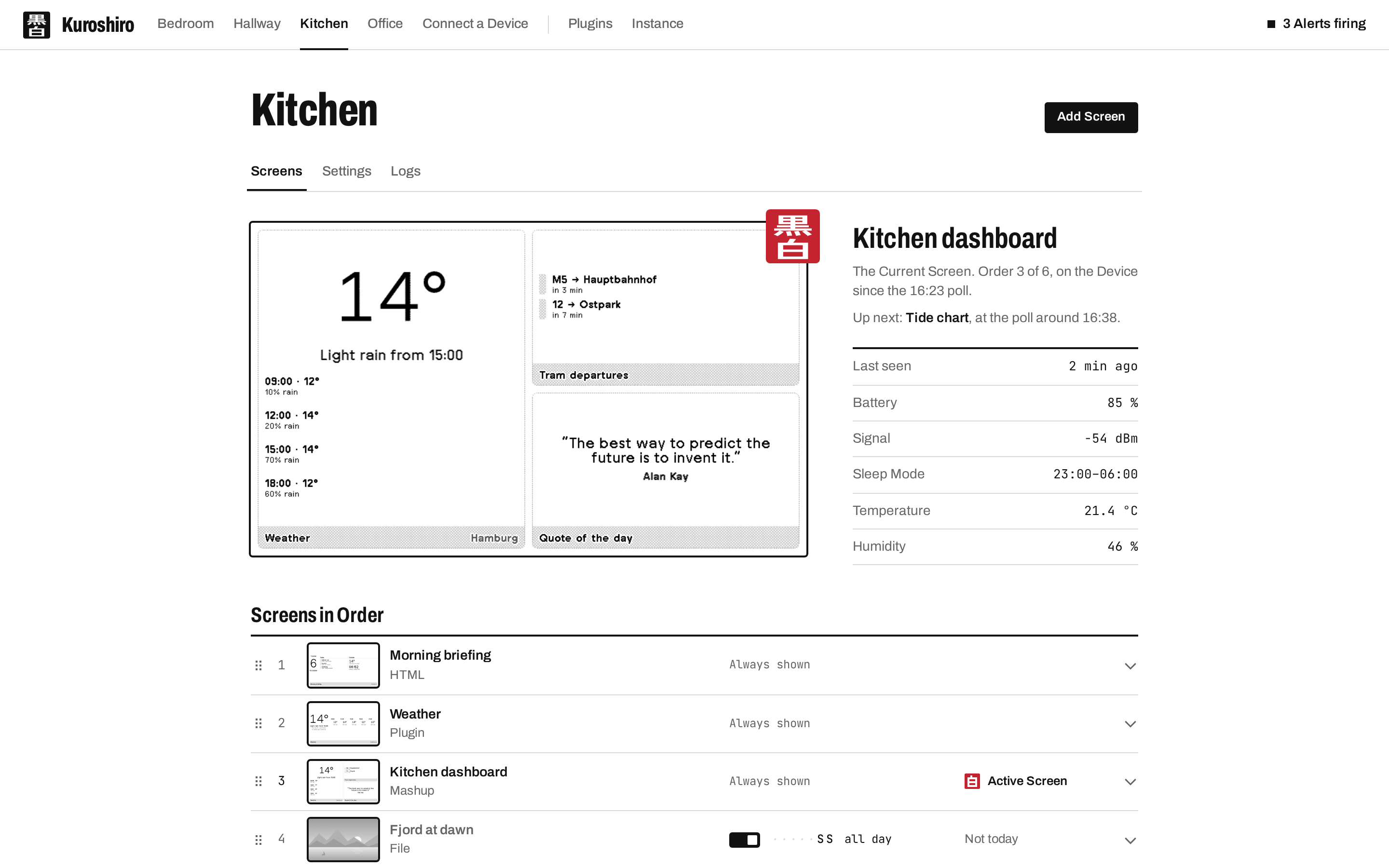 A Device's Screens in the Kuroshiro admin UI