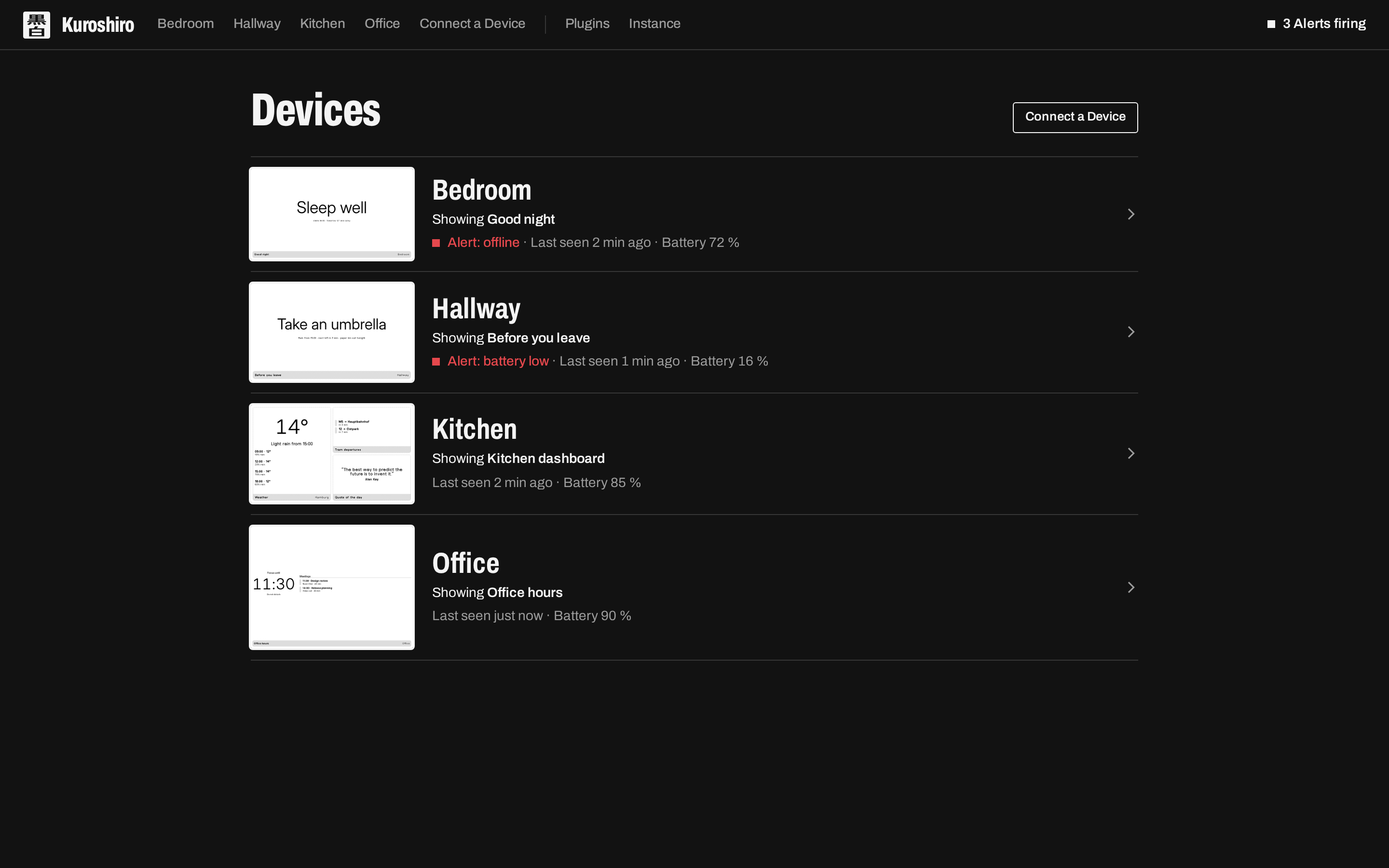 The Devices list: what each Device shows, when it was last seen, its battery and any Alert