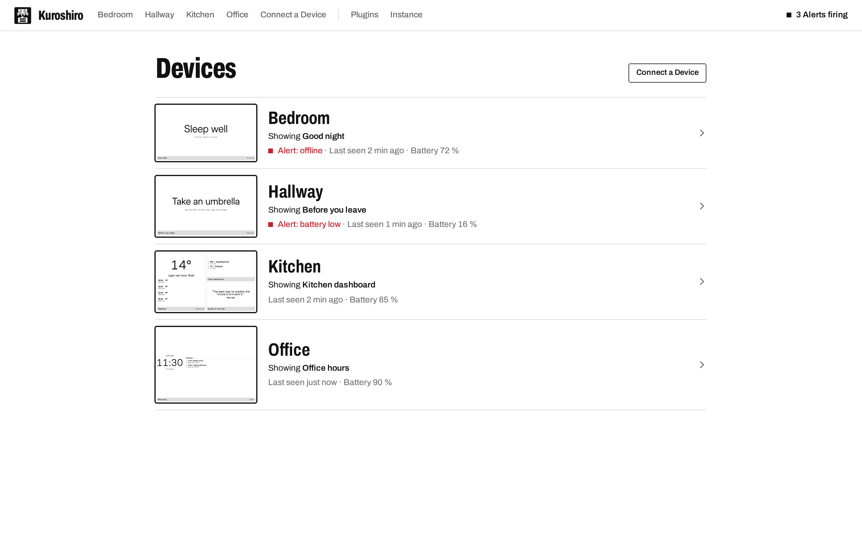 The Devices list: what each Device shows, when it was last seen, its battery and any Alert