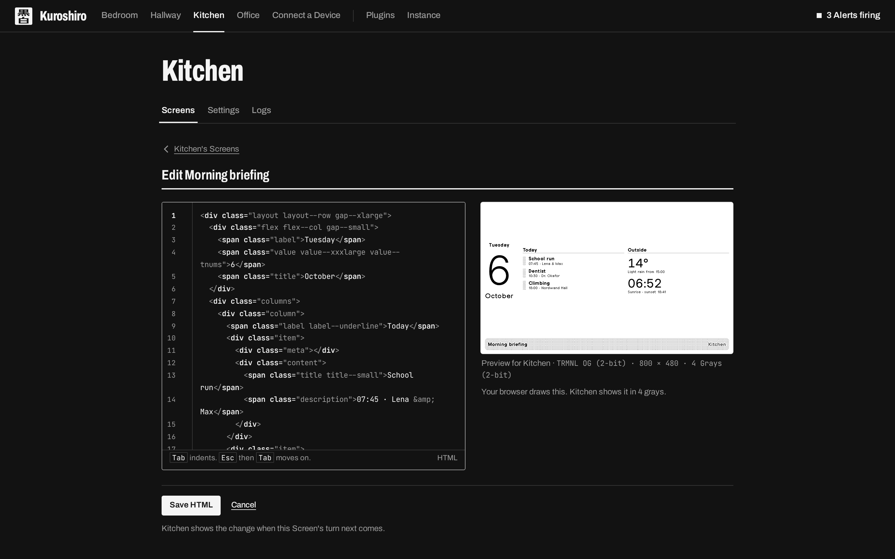 The HTML editor, previewing the Screen for its Device as you type