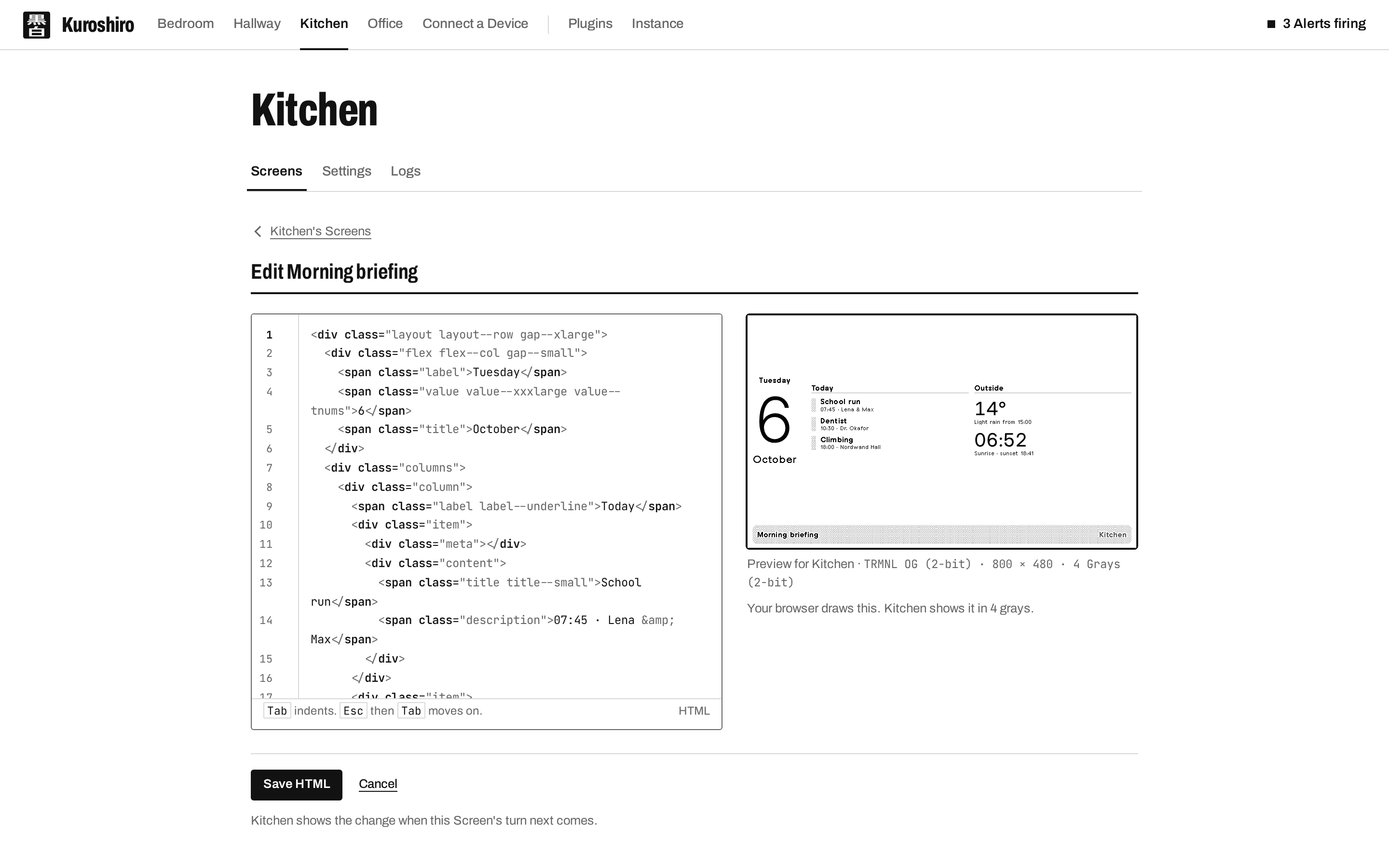 The HTML editor, previewing the Screen for its Device as you type