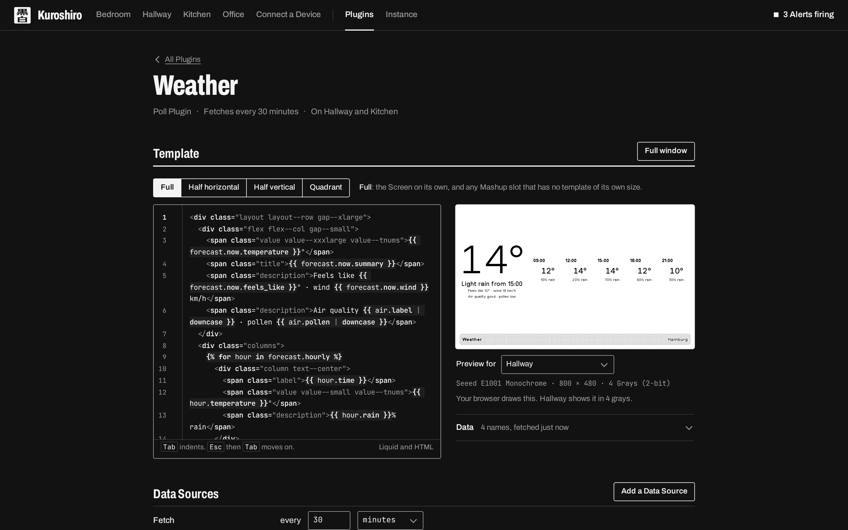 A Plugin: its Template with a live preview, Data Sources, Field Values, Devices and source Recipe