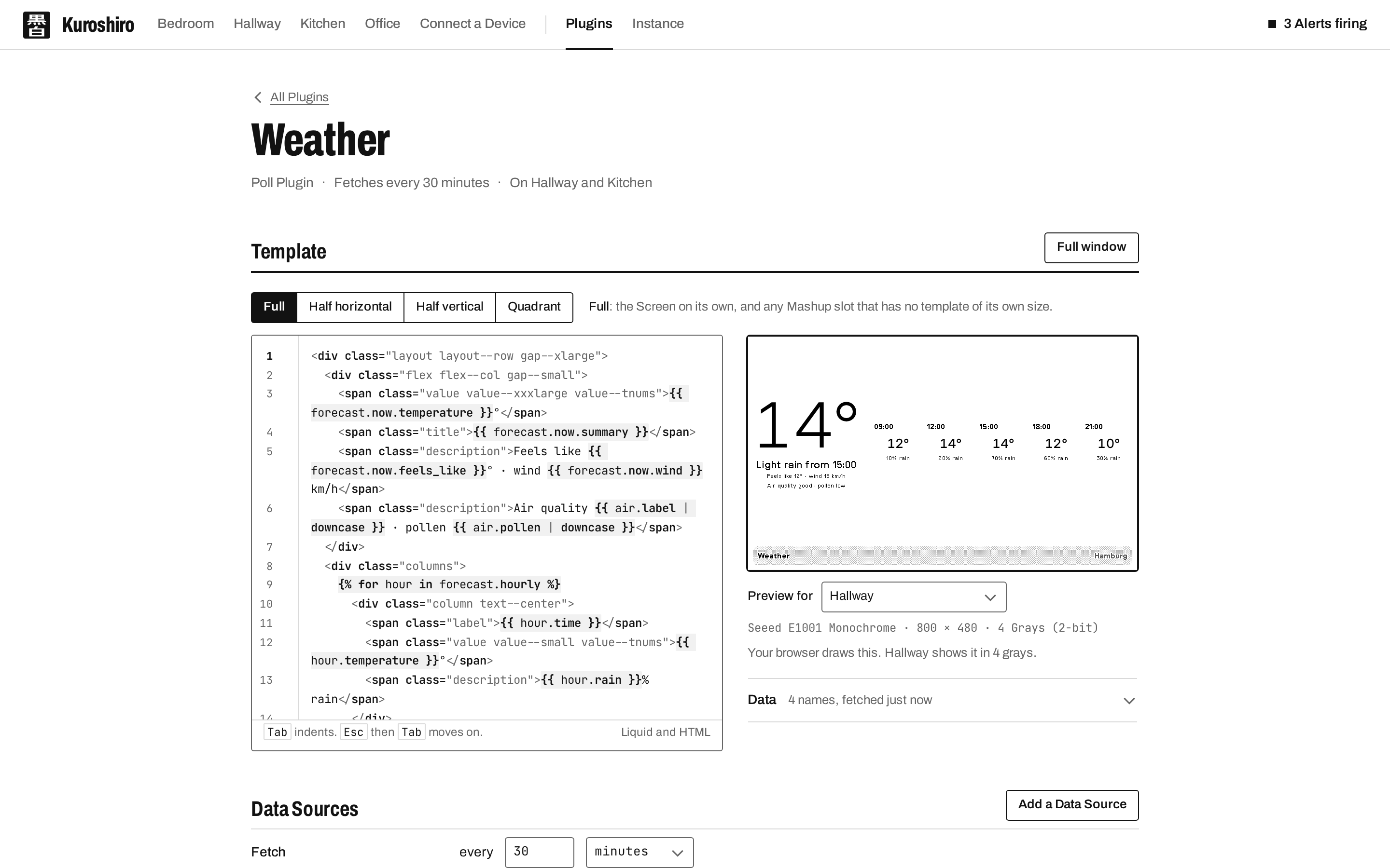 A Plugin: its Template with a live preview, Data Sources, Field Values, Devices and source Recipe